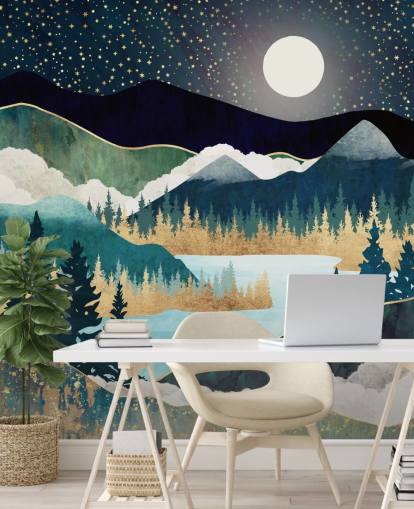 marin och guld abstrakt bergstapetväggmålning som heter Star Lake av SpaceFrog Designs för sovrum marin och guld abstrakt bergstapetväggmålning som heter Star Lake av SpaceFrog Designs för sovrum