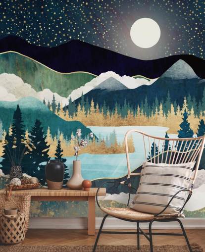 marineblå og guld abstrakt bjergtapet vægmaleri kaldet Star Lake af SpaceFrog Designs til soveværelser marineblå og guld abstrakt bjergtapet vægmaleri kaldet Star Lake af SpaceFrog Designs til soveværelser