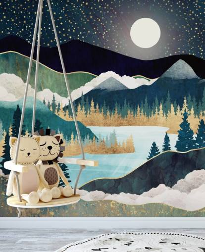 navy and gold abstract mountain wallpaper mural called Star Lake by SpaceFrog Designs for bedrooms navy and gold abstract mountain wallpaper mural called Star Lake by SpaceFrog Designs for bedrooms