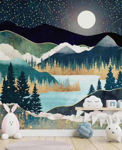 Abstrakte Bergtapete in Marineblau und Gold namens Star Lake von SpaceFrog Designs für Schlafzimmer Abstrakte Bergtapete in Marineblau und Gold namens Star Lake von SpaceFrog Designs für Schlafzimmer