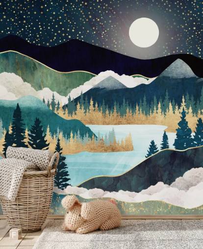 navy and gold abstract mountain wallpaper mural called Star Lake by SpaceFrog Designs for bedrooms navy and gold abstract mountain wallpaper mural called Star Lake by SpaceFrog Designs for bedrooms