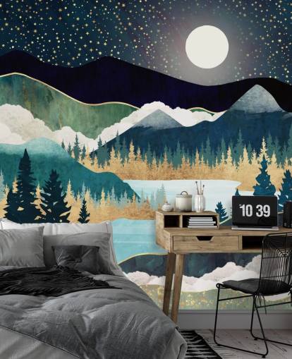 navy and gold abstract mountain wallpaper mural called Star Lake by SpaceFrog Designs for bedrooms navy and gold abstract mountain wallpaper mural called Star Lake by SpaceFrog Designs for bedrooms