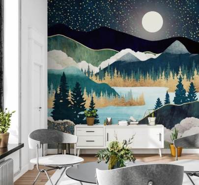 marineblå og gull abstrakt fjelltapet veggmaleri kalt Star Lake av SpaceFrog Designs for soverom