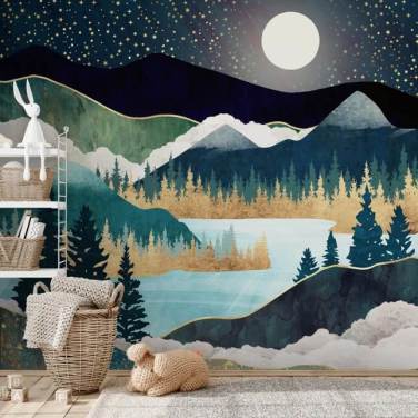 marin och guld abstrakt bergstapetväggmålning som heter Star Lake av SpaceFrog Designs för sovrum