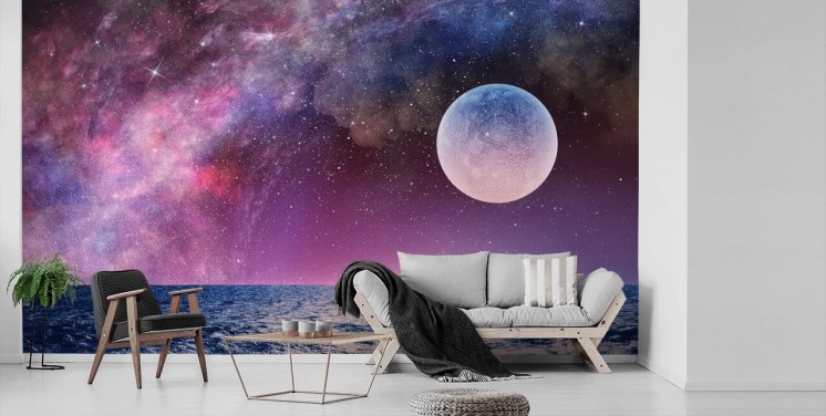 Papel de Parede de Céu Roxo, Lua e Estrelas