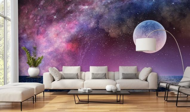 Paarse luchten, maan en sterren behang