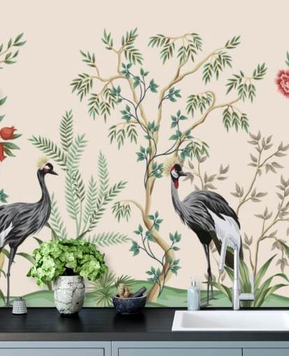 chinoiserie trees and birds on pastel pink background wallpaper chinoiserie trees and birds on pastel pink background wallpaper