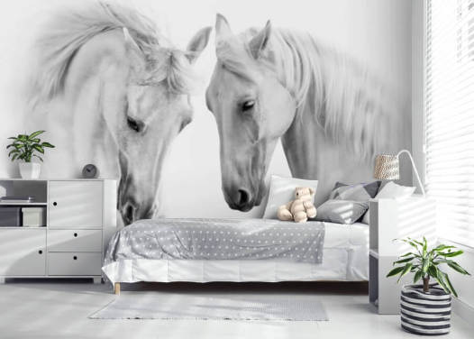 zwart-wit portret van twee paarden behang