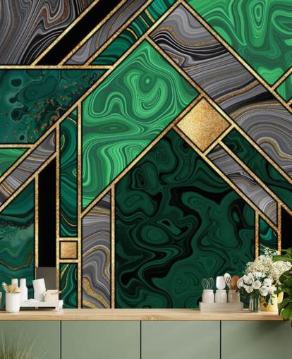 geometrisch patroon van groen en grijs marmer met goudbehang geometrisch patroon van groen en grijs marmer met goudbehang