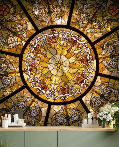 Golden and Yellow Floral Stained Glass Window Wall Mural Golden and Yellow Floral Stained Glass Window Wall Mural