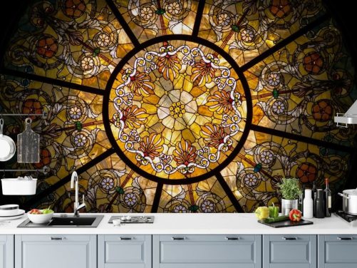 Papier Peint Fresque Vitrail Floral Doré et Jaune