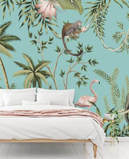 Elefant, Faultier, Flamingo und Affendschungel mit türkisfarbenem Hintergrund Elefant, Faultier, Flamingo und Affendschungel mit türkisfarbenem Hintergrund