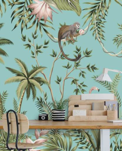 elephant, sloth, flamingo and monkey jungle with turquoise background wallpaper elephant, sloth, flamingo and monkey jungle with turquoise background wallpaper