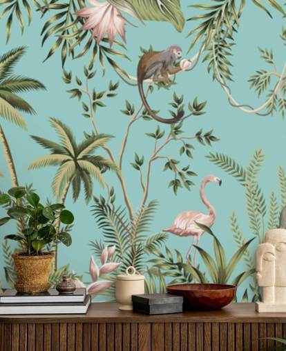 Elefant, Faultier, Flamingo und Affendschungel mit türkisfarbenem Hintergrund Elefant, Faultier, Flamingo und Affendschungel mit türkisfarbenem Hintergrund