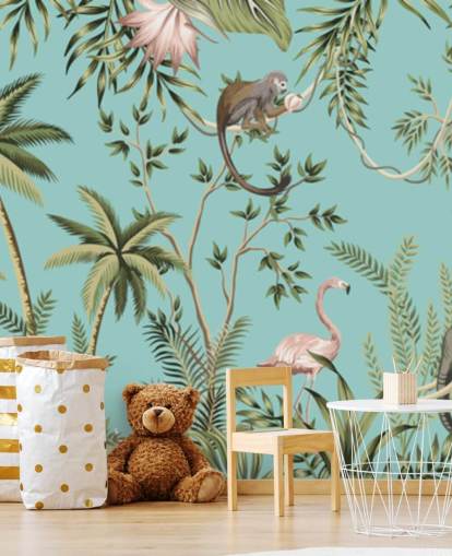 elephant, sloth, flamingo and monkey jungle with turquoise background wallpaper elephant, sloth, flamingo and monkey jungle with turquoise background wallpaper