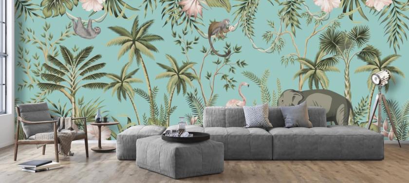 jungle éléphant, paresseux, flamant rose et singe avec fond d'écran turquoise