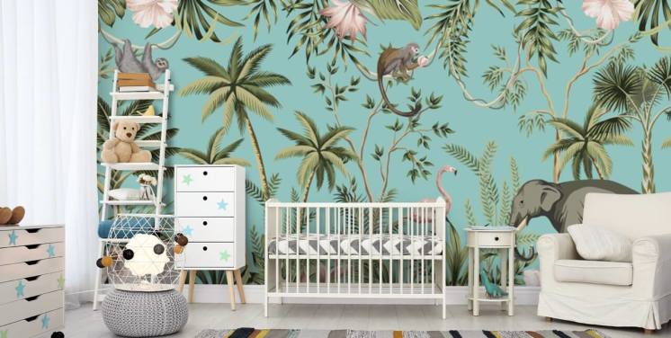 elefant, dovendyr, flamingo og abe jungle med turkis baggrund tapet