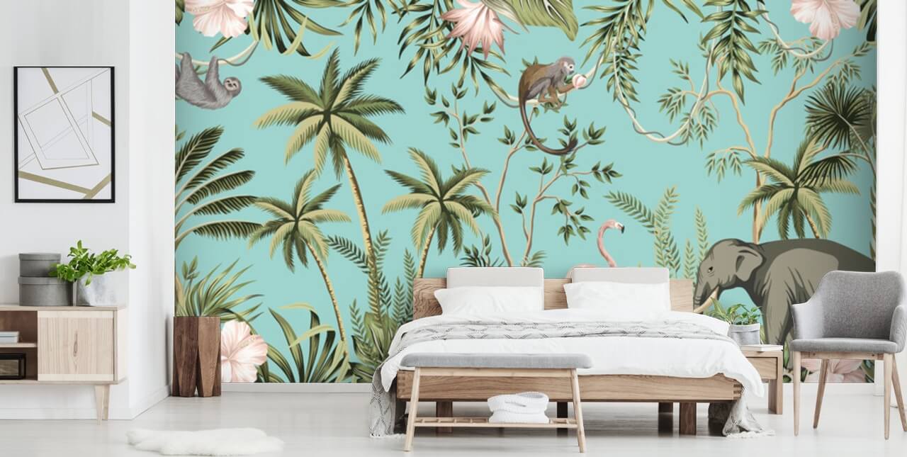 olifant, luiaard, flamingo en aap jungle met turquoise achtergrondbehang olifant, luiaard, flamingo en aap jungle met turquoise achtergrondbehang