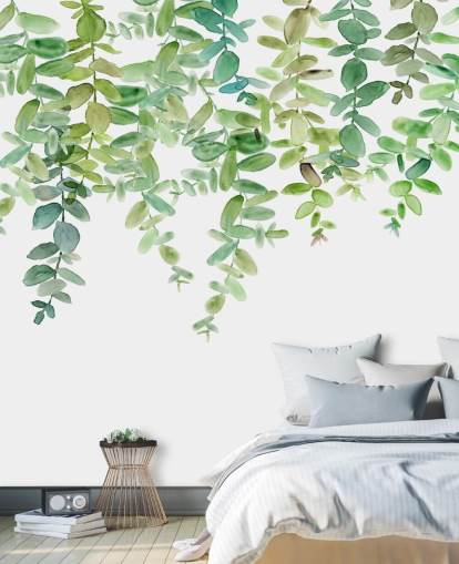 hvitt og grønt hengende blomstertapet veggmaleri kalt Evergreen Hanging Eucalyptus av Carol Robinson hvitt og grønt hengende blomstertapet veggmaleri kalt Evergreen Hanging Eucalyptus av Carol Robinson