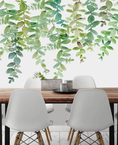 white and green hanging floral wallpaper mural called Evergreen Hanging Eucalyptus by Carol Robinson white and green hanging floral wallpaper mural called Evergreen Hanging Eucalyptus by Carol Robinson