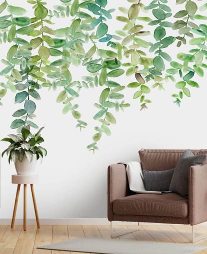 mural de papel de parede floral suspenso branco e verde chamado Evergreen Hanging Eucalyptus de Carol Robinson mural de papel de parede floral suspenso branco e verde chamado Evergreen Hanging Eucalyptus de Carol Robinson