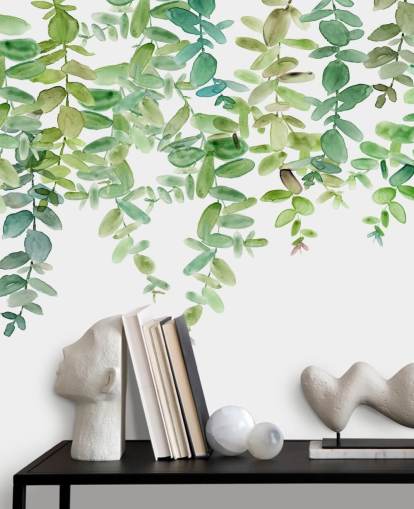 white and green hanging floral wallpaper mural called Evergreen Hanging Eucalyptus by Carol Robinson white and green hanging floral wallpaper mural called Evergreen Hanging Eucalyptus by Carol Robinson