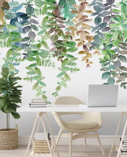 groen-witte botanische behangmuurschildering genaamd Hanging Eucalyptus van Carol Robinson voor woonkamers, keukens en slaapkamers groen-witte botanische behangmuurschildering genaamd Hanging Eucalyptus van Carol Robinson voor woonkamers, keukens en slaapkamers
