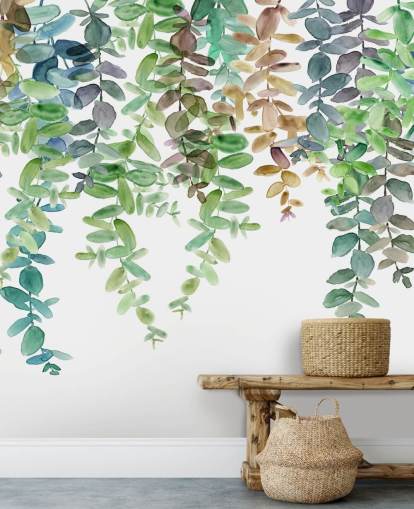 Grün-weiße botanische Wandtapete namens Hanging Eucalyptus von Carol Robinson für Wohnzimmer, Küchen und Schlafzimmer Grün-weiße botanische Wandtapete namens Hanging Eucalyptus von Carol Robinson für Wohnzimmer, Küchen und Schlafzimmer