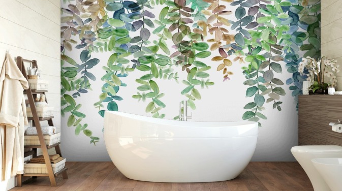 groen-witte botanische behangmuurschildering genaamd Hanging Eucalyptus van Carol Robinson voor woonkamers, keukens en slaapkamers