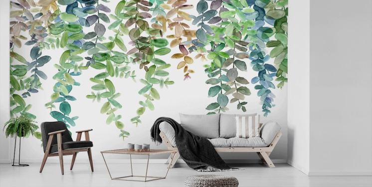 Carol Robinsonin vihreä ja valkoinen kasvitieteellinen taustakuvamaalaus nimeltä Hanging Eucalyptus olohuoneisiin, keittiöihin ja makuuhuoneisiin