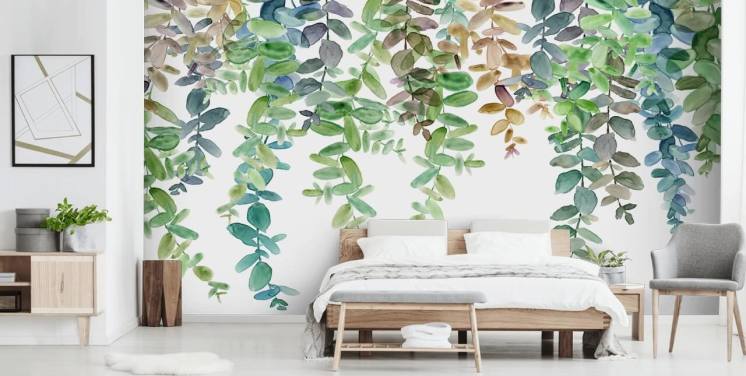 grønt og hvidt botanisk tapetmaleri kaldet Hanging Eucalyptus af Carol Robinson til stuer, køkkener og soveværelser
