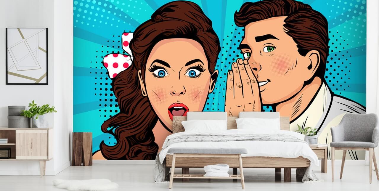 retro wallpaper of a man whispering into a shocked woman's ear