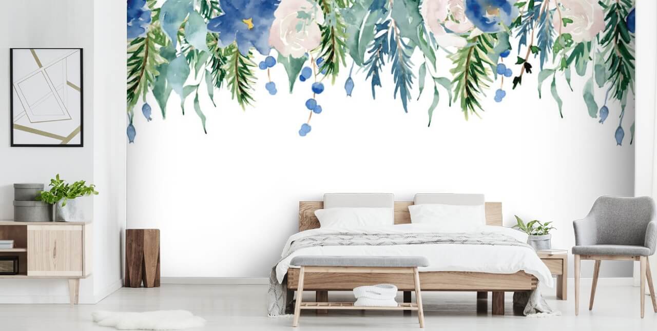 blå och grön hängande blommor på vit bakgrund tapeter