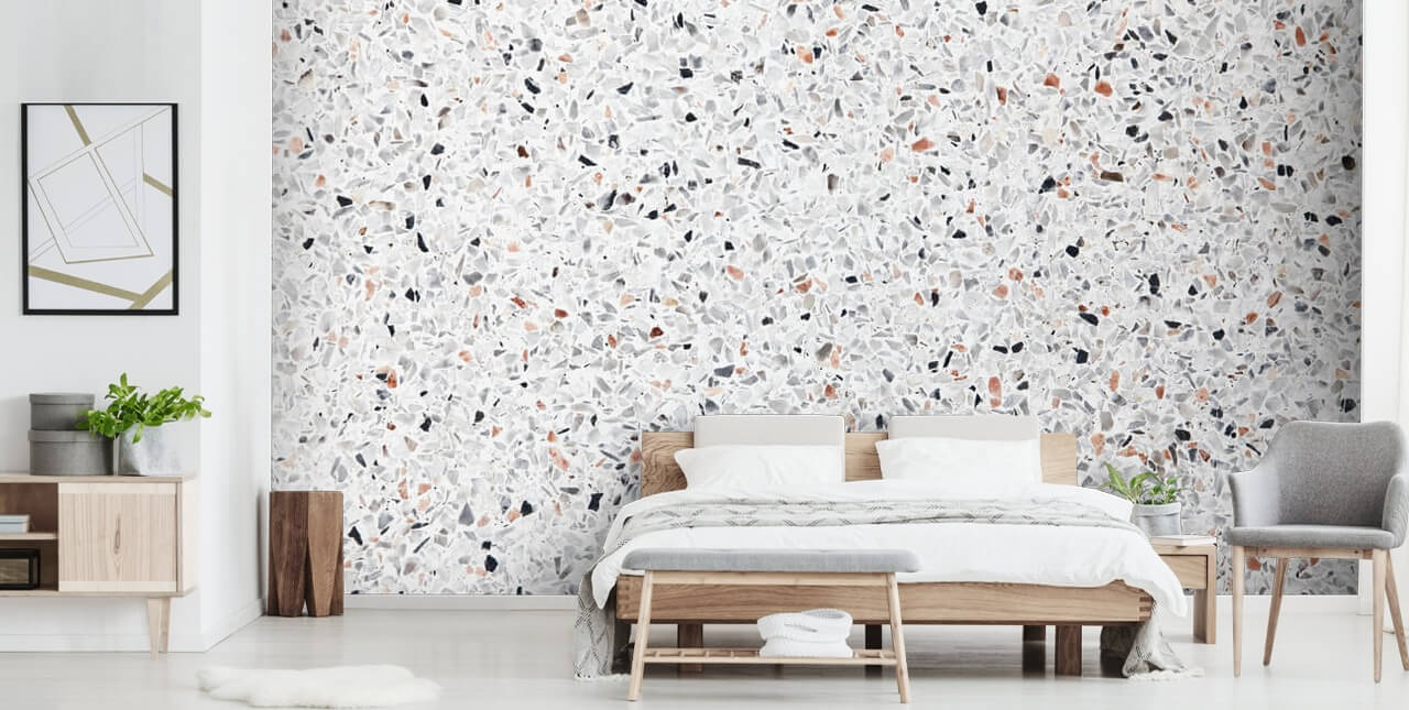 Papier peint terrazzo gris moucheté, noir et terre cuite