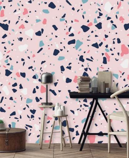 Carta da parati terrazzo blu navy, bianco e rosa Carta da parati terrazzo blu navy, bianco e rosa