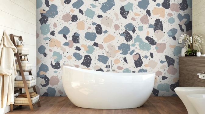 Papier Peint Terrazzo Rose Pastel, Bleu Marine, Beige