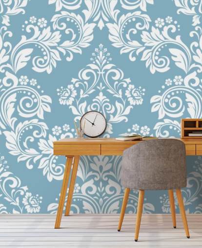 Tapeten-Wandbild mit blauem Muster namens Light Blue Damask für Schlafzimmer, Wohnzimmer und Badezimmer Tapeten-Wandbild mit blauem Muster namens Light Blue Damask für Schlafzimmer, Wohnzimmer und Badezimmer