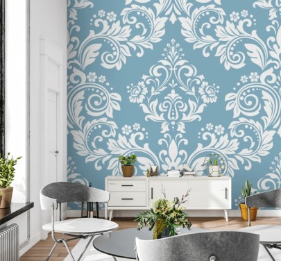 blue pattern wallpaper mural called Light Blue Damask for bedrooms, living rooms and bathrooms