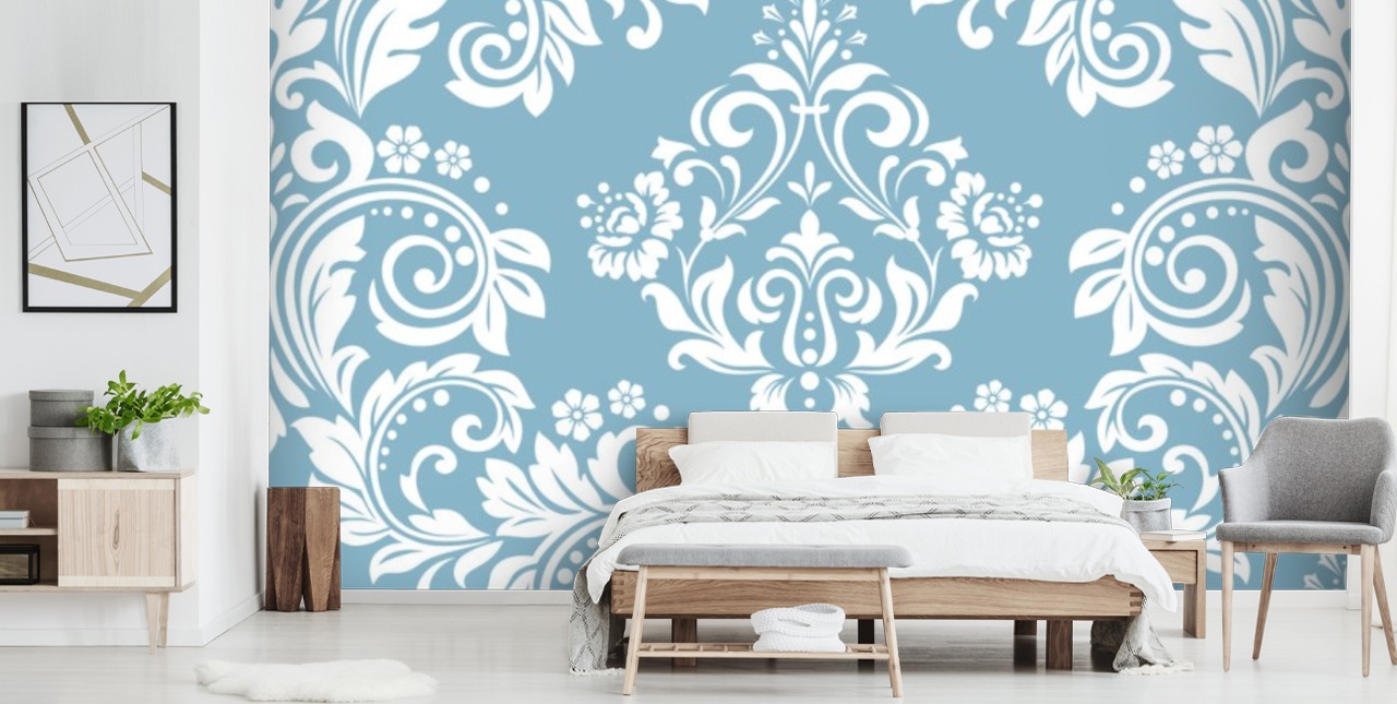 muurschildering met blauw patroon genaamd Light Blue Damask voor slaapkamers, woonkamers en badkamers