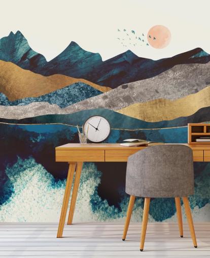 Papel de parede com vista para a montanha com efeito de textura azul marinho e dourado Papel de parede com vista para a montanha com efeito de textura azul marinho e dourado