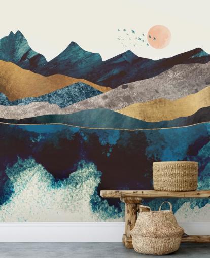 carta da parati vista montagna effetto texture blu navy e oro carta da parati vista montagna effetto texture blu navy e oro