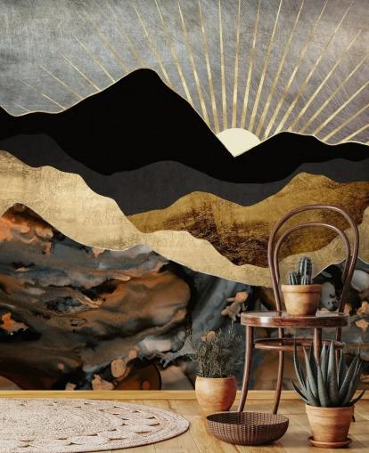 Papel de parede de paisagem de montanha abstrata cinza, dourado e preto Papel de parede de paisagem de montanha abstrata cinza, dourado e preto