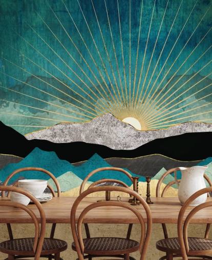 gold and teal abstract mountain wallpaper mural called Peacock Vista by SpaceFrog Designs for offices, bedrooms and bathrooms gold and teal abstract mountain wallpaper mural called Peacock Vista by SpaceFrog Designs for offices, bedrooms and bathrooms