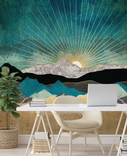 kultainen ja sinivihreä abstrakti vuoristotapettiseinämaalaus nimeltä Peacock Vista by SpaceFrog Designs toimistoihin, makuuhuoneisiin ja kylpyhuoneisiin kultainen ja sinivihreä abstrakti vuoristotapettiseinämaalaus nimeltä Peacock Vista by SpaceFrog Designs toimistoihin, makuuhuoneisiin ja kylpyhuoneisiin