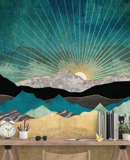abstrakte Bergtapete in Gold und Blaugrün namens Peacock Vista von SpaceFrog Designs für Büros, Schlafzimmer und Badezimmer abstrakte Bergtapete in Gold und Blaugrün namens Peacock Vista von SpaceFrog Designs für Büros, Schlafzimmer und Badezimmer