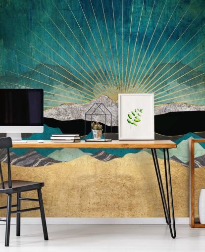 gull og blågrønn abstrakt fjelltapet veggmaleri kalt Peacock Vista av SpaceFrog Design for kontorer, soverom og bad gull og blågrønn abstrakt fjelltapet veggmaleri kalt Peacock Vista av SpaceFrog Design for kontorer, soverom og bad