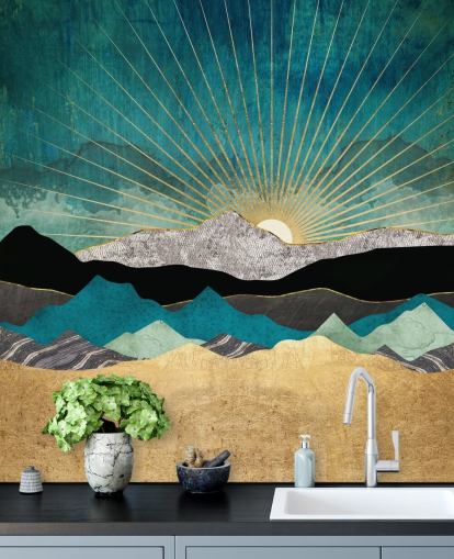 gold and teal abstract mountain wallpaper mural called Peacock Vista by SpaceFrog Designs for offices, bedrooms and bathrooms gold and teal abstract mountain wallpaper mural called Peacock Vista by SpaceFrog Designs for offices, bedrooms and bathrooms