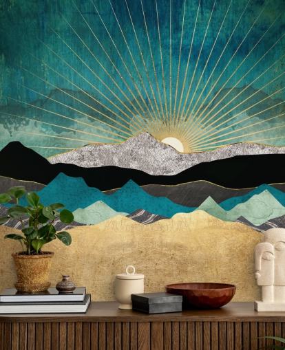 kultainen ja sinivihreä abstrakti vuoristotapettiseinämaalaus nimeltä Peacock Vista by SpaceFrog Designs toimistoihin, makuuhuoneisiin ja kylpyhuoneisiin kultainen ja sinivihreä abstrakti vuoristotapettiseinämaalaus nimeltä Peacock Vista by SpaceFrog Designs toimistoihin, makuuhuoneisiin ja kylpyhuoneisiin