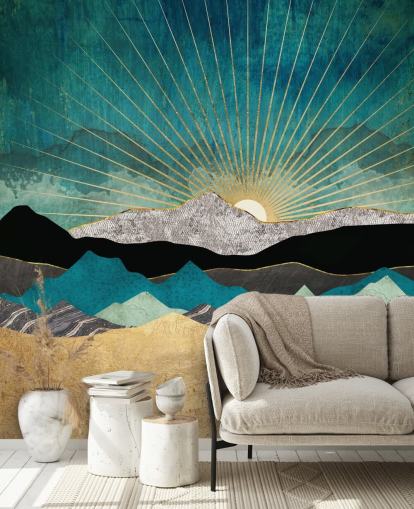 gold and teal abstract mountain wallpaper mural called Peacock Vista by SpaceFrog Designs for offices, bedrooms and bathrooms gold and teal abstract mountain wallpaper mural called Peacock Vista by SpaceFrog Designs for offices, bedrooms and bathrooms
