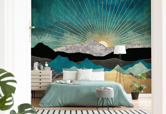 gull og blågrønn abstrakt fjelltapet veggmaleri kalt Peacock Vista av SpaceFrog Design for kontorer, soverom og bad